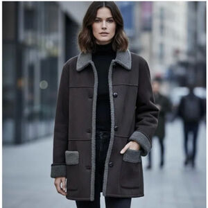 Lauren by Ralph Lauren Black Faux Suede and Shearling Button Up Car Coat Size L
